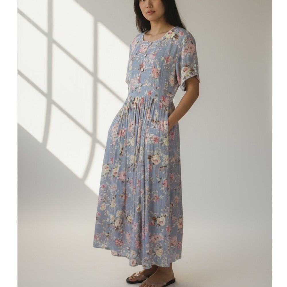 Vintage 90s Gray Blue Floral Midi Dress Cottagecore Prairie Grunge